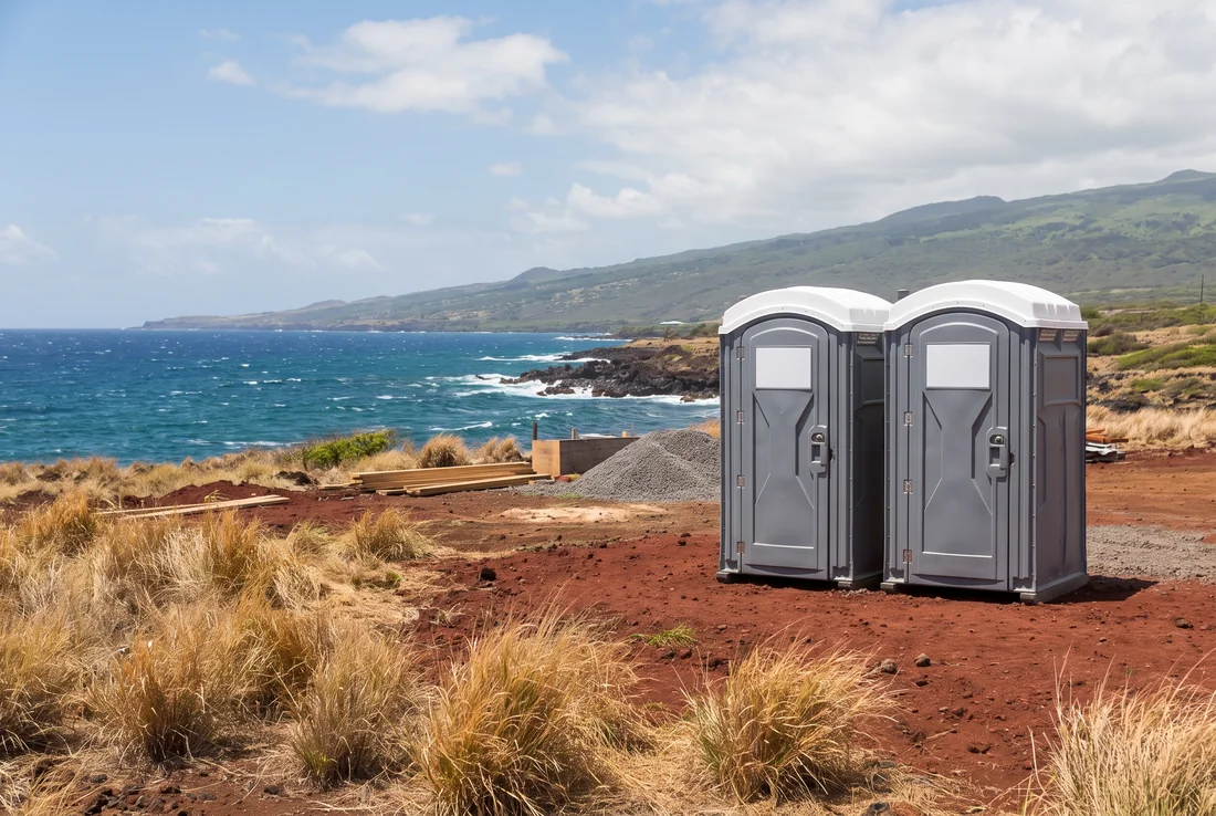 Illustration of two standard portable restroom units standing on red dirt at a coastal work site.