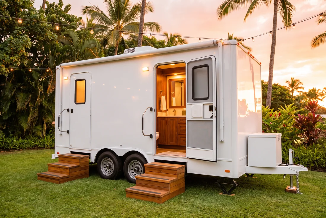 Illustration of a white restroom trailer with wooden steps parked on grass at an evening outdoor reception.